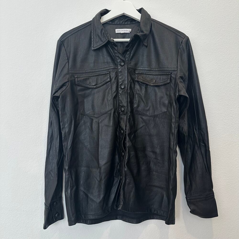 Good American black faux leather long sleeve button up collared pockets shirt 1